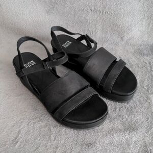 Eileen Fisher Platform Sandals Sz 7 Black Suede Leather Wedge Strappy Comfort
